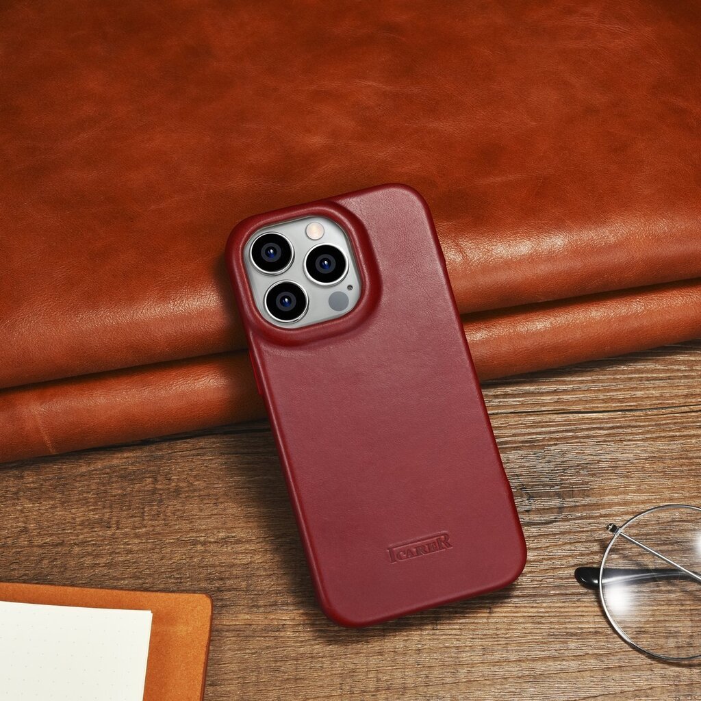 iCarer Leather iPhone 14 Pro Flip Magnetic MagSafe Red (AKI14220706-RD) цена и информация | Telefonide kaitsekaaned ja -ümbrised | hansapost.ee