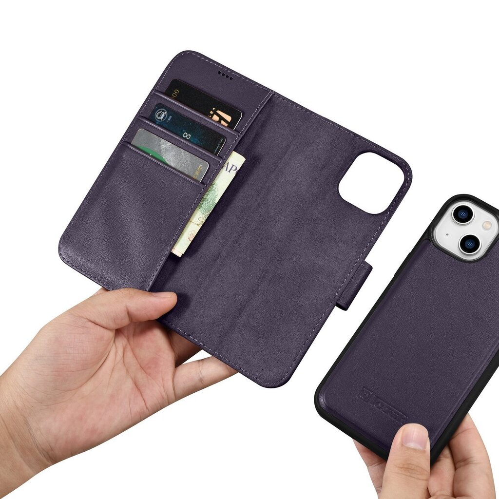 iCarer 2in1 iPhone 14 Leather Flip Anti-RFID dark purple (WMI14220725-DP) цена и информация | Telefonide kaitsekaaned ja -ümbrised | hansapost.ee