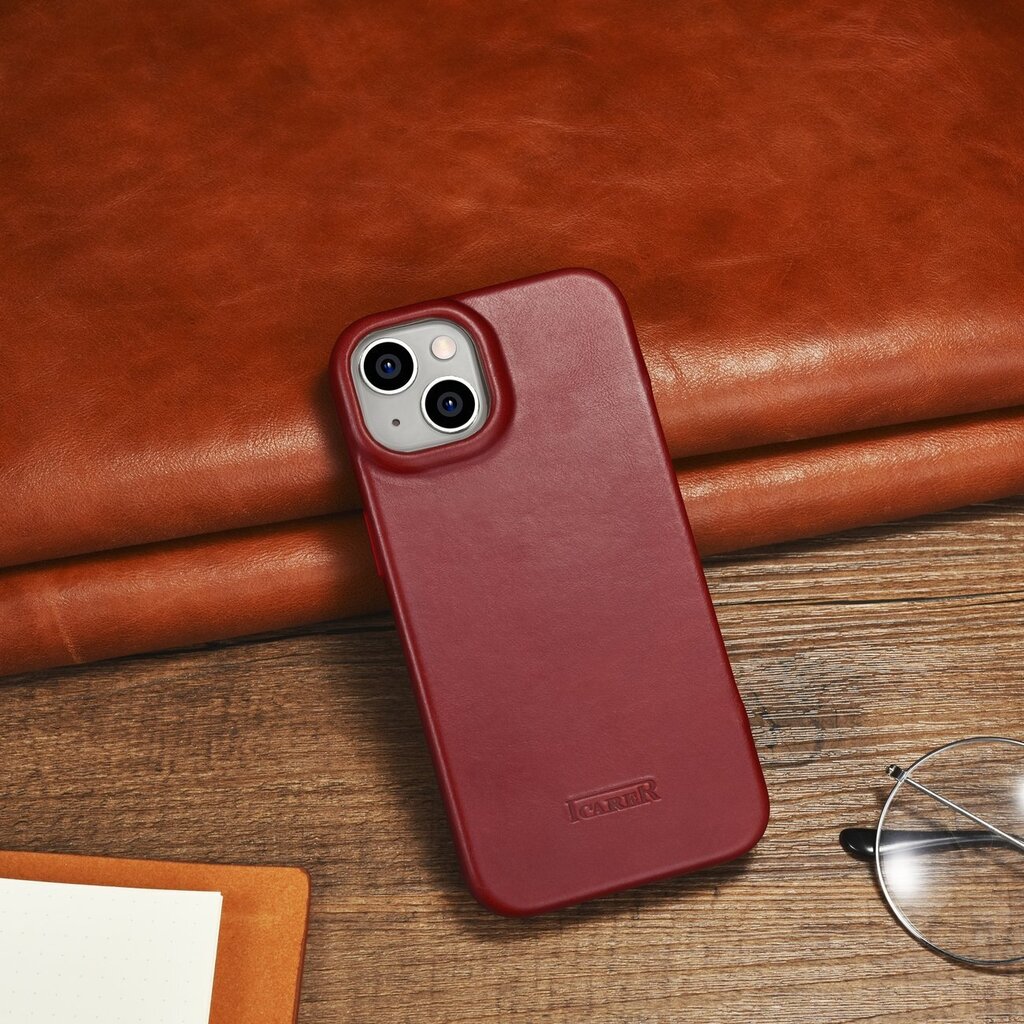 iCarer Leather iPhone 14 Plus Flip Magnetic MagSafe red (AKI14220707-RD) hind ja info | Telefonide kaitsekaaned ja -ümbrised | hansapost.ee