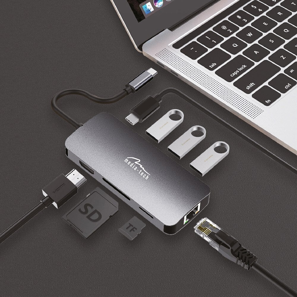 Adapter Media-Tech MT5044, USB-C/USB-A/HDMI/RJ-45/micro SD hind ja info | USB adapterid ja jagajad | hansapost.ee