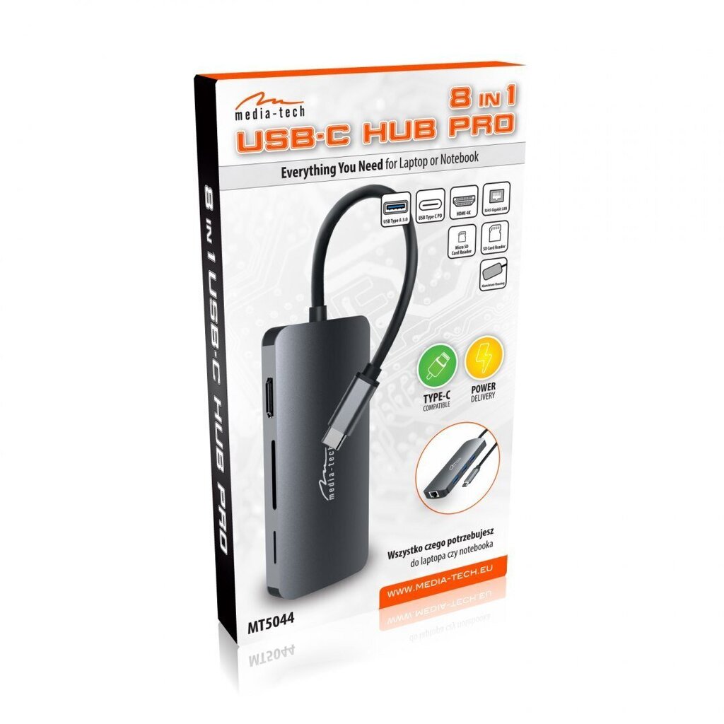 Adapter Media-Tech MT5044, USB-C/USB-A/HDMI/RJ-45/micro SD цена и информация | USB adapterid ja jagajad | hansapost.ee