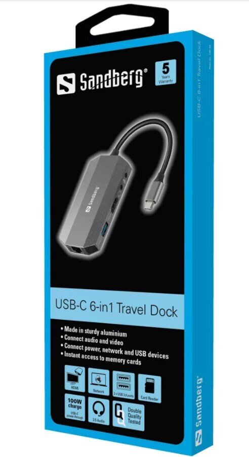 Sandberg USB-C 6in1 Travel Dock, USB-C/HDMI/USB-A/RJ-45/Micro SD цена и информация | USB adapterid ja jagajad | hansapost.ee