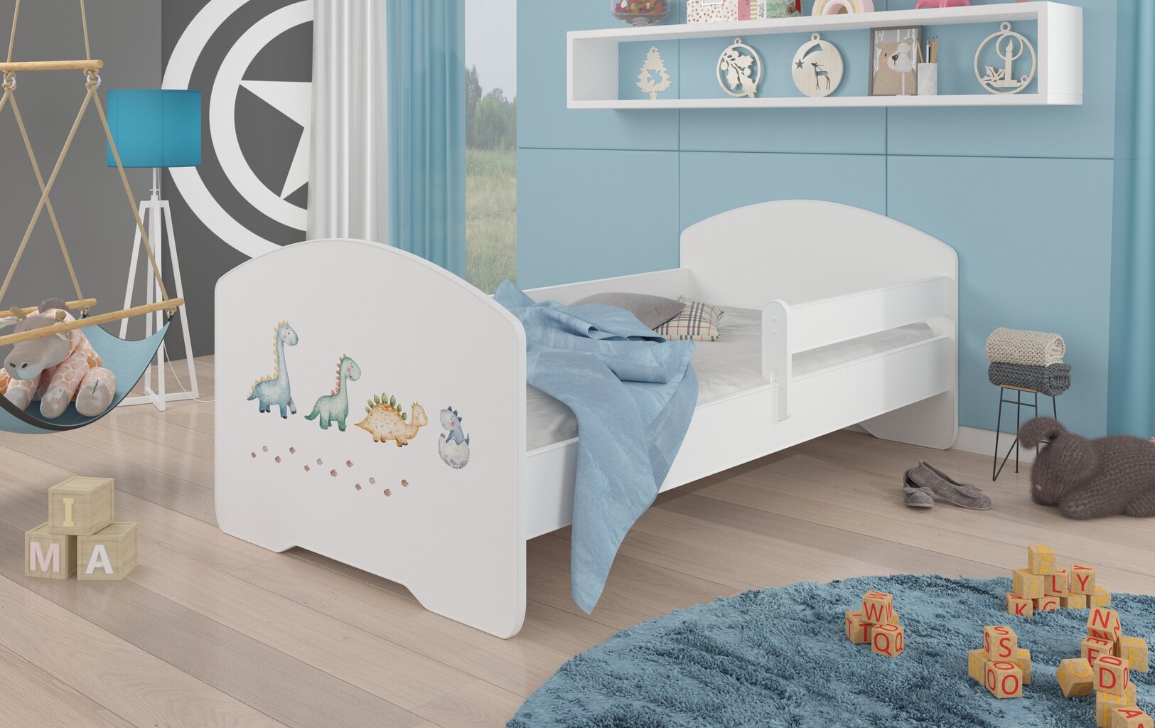 Voodi ADRK Furniture Pepe Barrier Dinosaurs, 140x70 cm, valge цена и информация | Lastevoodid | hansapost.ee