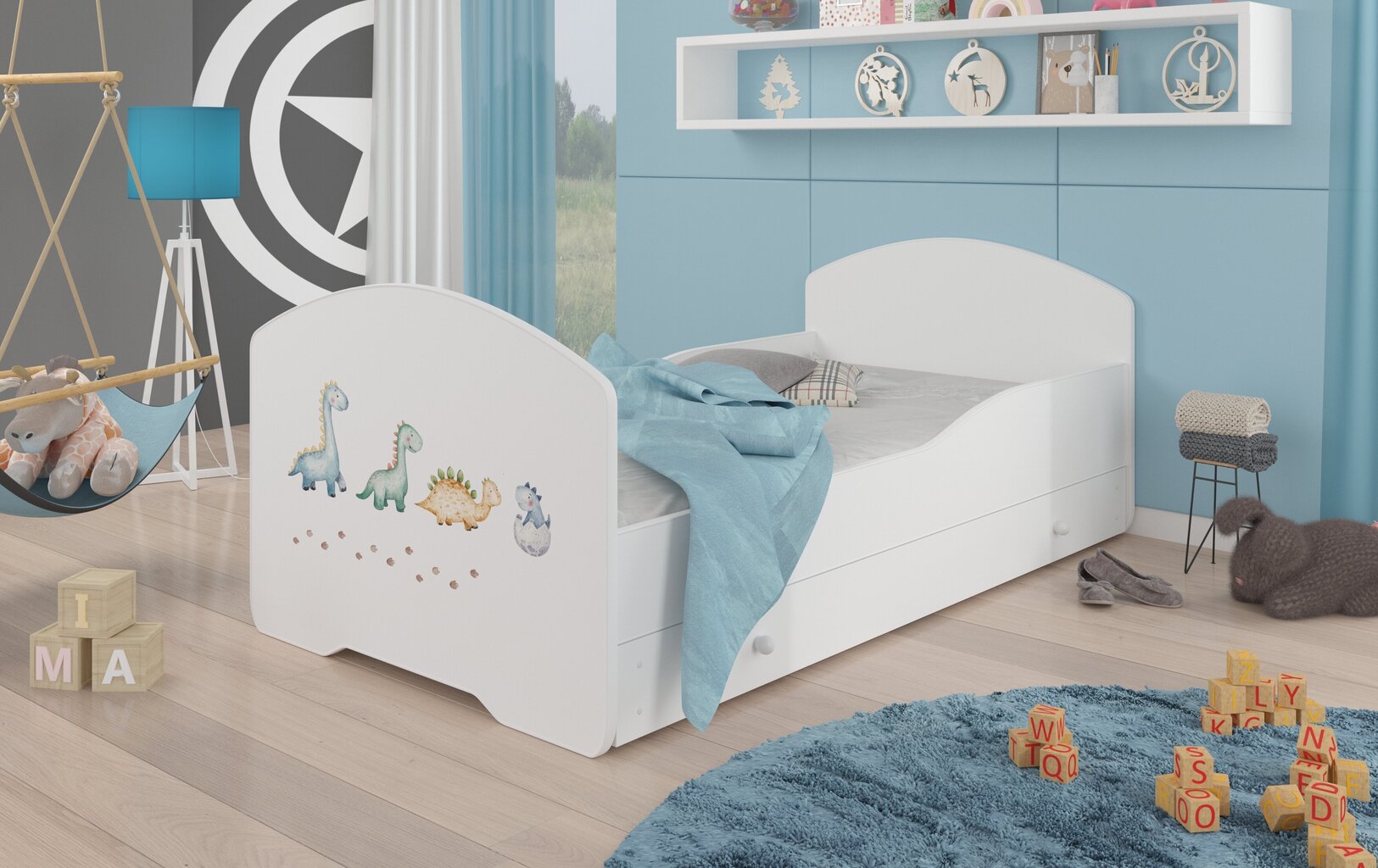 Voodi ADRK Furniture Pepe Dinosaurs, 140x70 cm, valge цена и информация | Lastevoodid | hansapost.ee