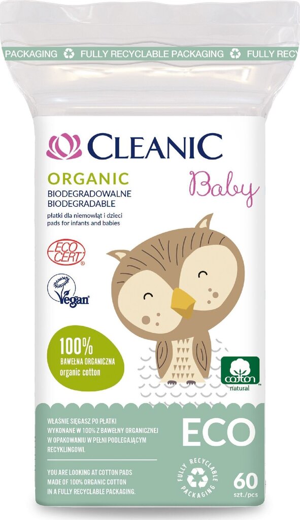 Lastele mõeldud vatipadjad Cleanic Baby Eco, 60 tk цена и информация | Salvrätikud, vatitikud ja vatipadjad | hansapost.ee