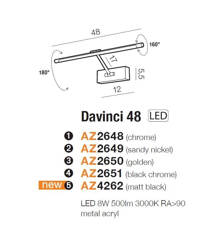 Seinavalgusti AZzardo Davinci AZ2651 hind ja info | Seinavalgustid | hansapost.ee