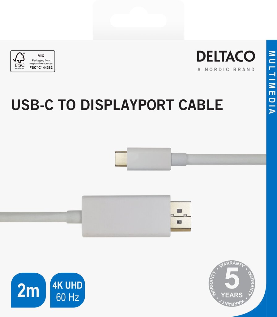 USB-C - DisplayPort kaabel Deltaco 4K UHD, kullatud pistikud, 2m, valge / USBC-DP201-K ​​​​/ 00140016 hind ja info | Juhtmed ja kaablid | hansapost.ee