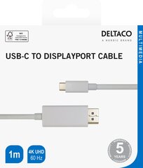 USB-C - кабель DisplayPort Deltaco 4K UHD, позолоченные разъемы, 1 м, белый/USBC-DP101-K/00140013 цена и информация | Кабели и провода | hansapost.ee