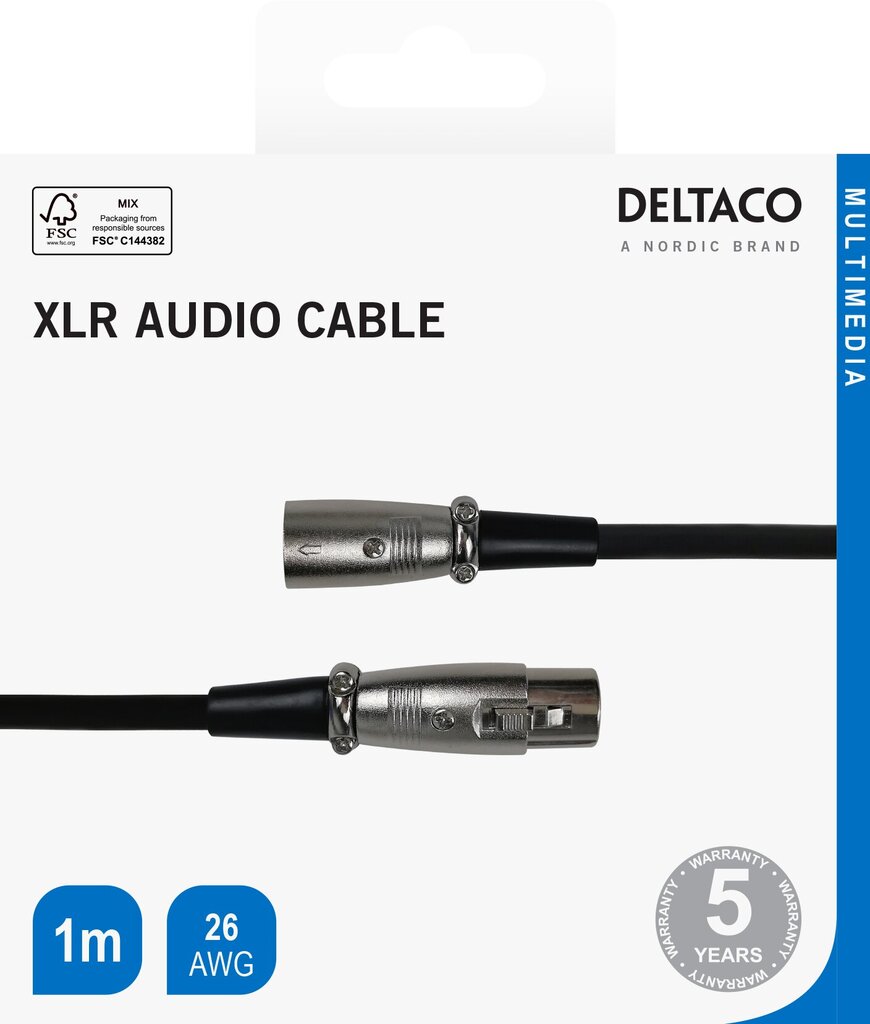 XLR helikaabel Deltaco 3-pin male - 3-pin female, 26 AWG, 1m, must / XLR-1010-K / 00160001 hind ja info | Juhtmed ja kaablid | hansapost.ee