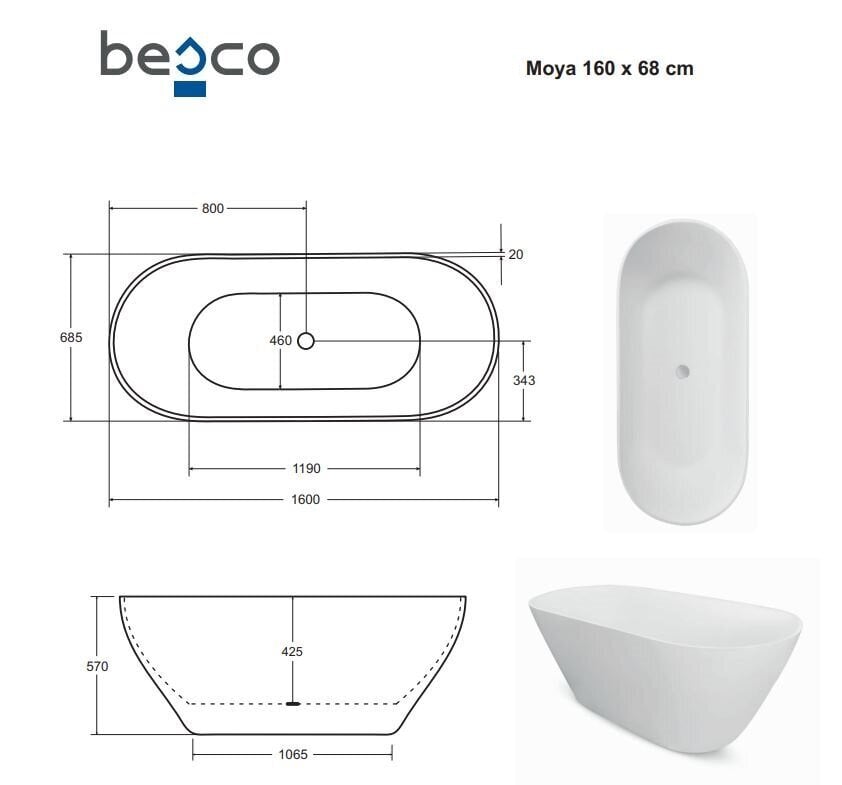 Vann Besco Moya 160, koos Klik-klakiga, White, ülevalt puhastatav hind ja info | Vannid | hansapost.ee