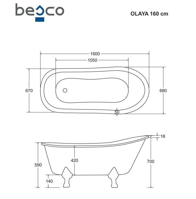 Vann Besco Olaya 160, White+Gold hind ja info | Vannid | hansapost.ee