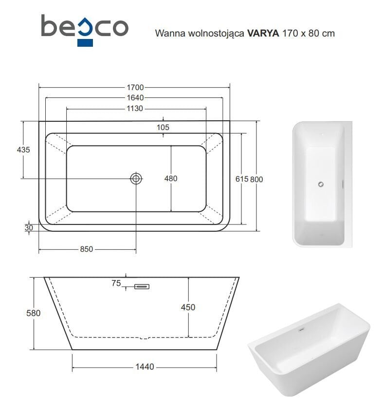 Besco Varya Glam 170 Graphite, koos valge sifooni kattega hind ja info | Vannid | hansapost.ee