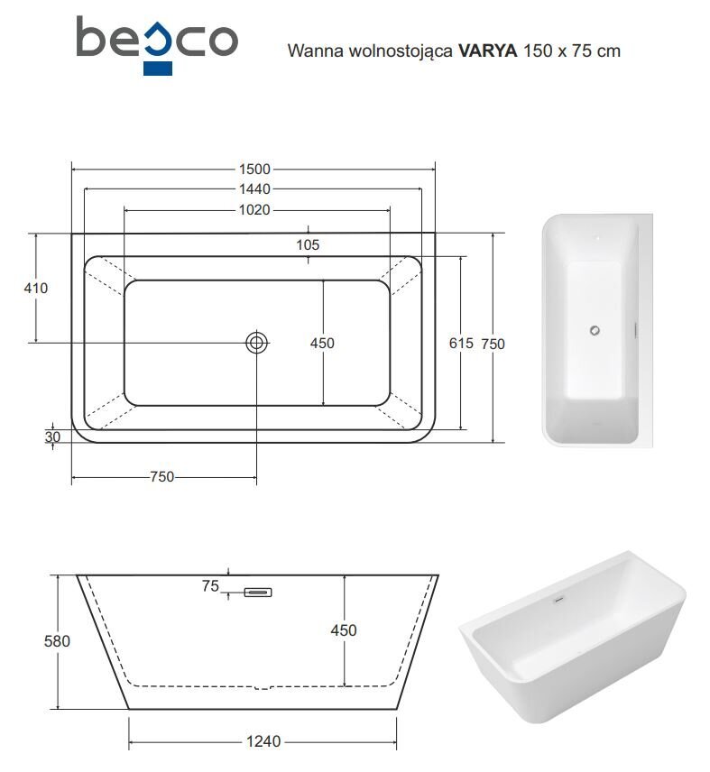 Vann Besco Varya Glam 150 Graphite, valge sifooni kattega цена и информация | Vannid | hansapost.ee
