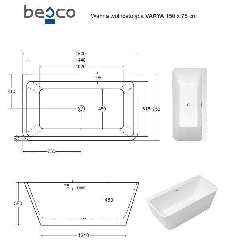 Vann Besco Varya Glam 150 Gold, koos valge sifooni kattega hind ja info | Vannid | hansapost.ee