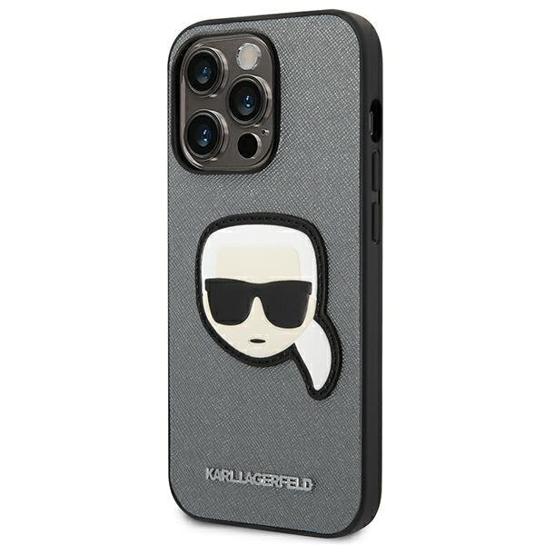 Karl Lagerfeld KLHCP14LSAPKHG iPhone 14 Pro Saffiano Karl`s Head Patch Silver hind ja info | Telefonide kaitsekaaned ja -ümbrised | hansapost.ee