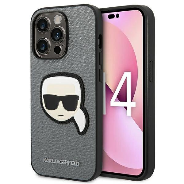 Karl Lagerfeld KLHCP14LSAPKHG iPhone 14 Pro Saffiano Karl`s Head Patch Silver hind ja info | Telefonide kaitsekaaned ja -ümbrised | hansapost.ee