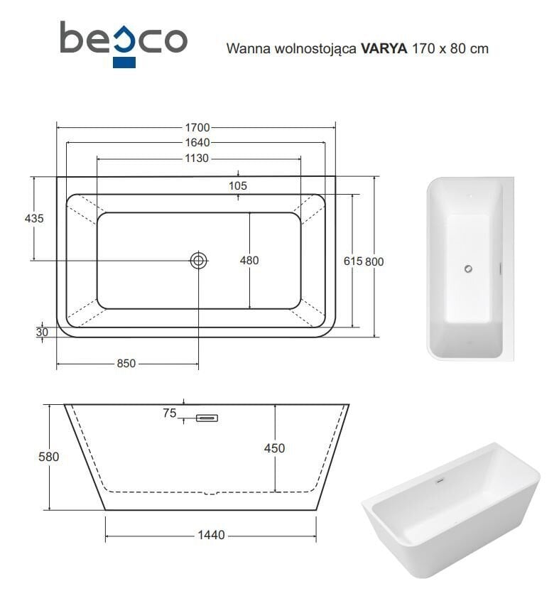 Vann Besco Varya 170, kroomitud sifooniga hind ja info | Vannid | hansapost.ee