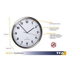 Беспроводные настенные часы TFA с рамой из нержавеющей стали 60.3523 цена и информация | Часы | hansapost.ee
