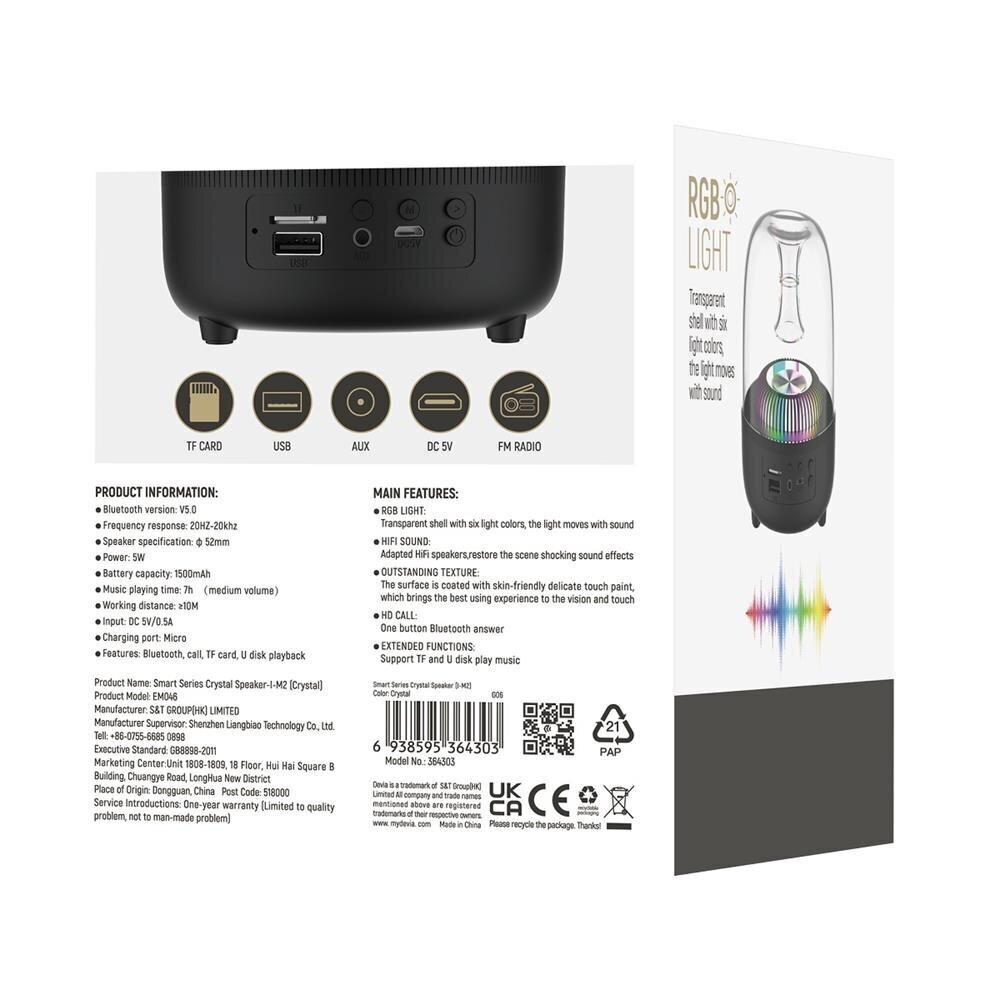 Devia bluetooth speaker Crystal I-M2 black hind ja info | Kõlarid | hansapost.ee