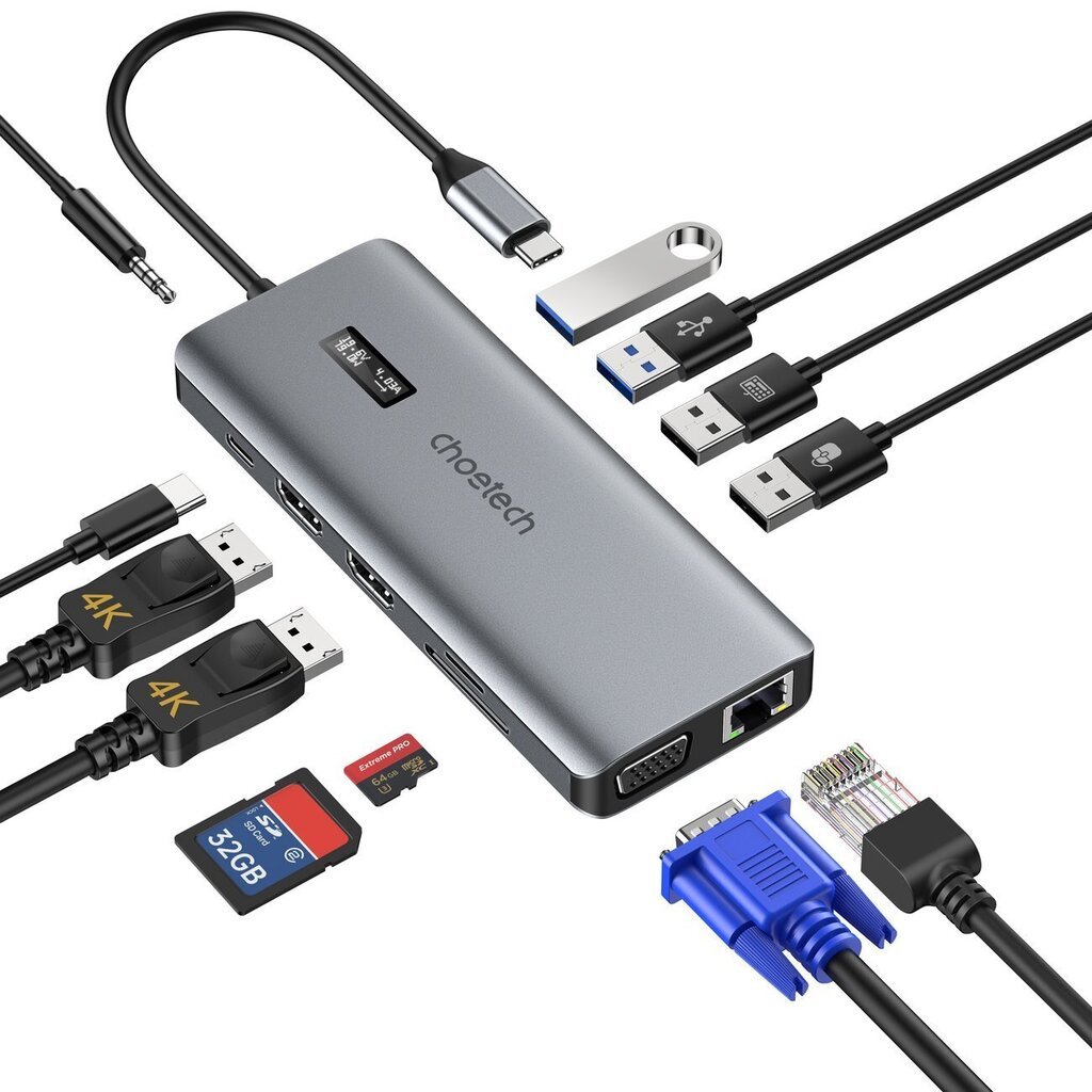Choetech HUB-M26, USB-C to USB-C / USB-A / HDMI / VGA / AUX / SD / TF gray цена и информация | USB adapterid ja jagajad | hansapost.ee