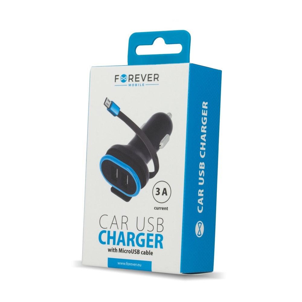 Laadija autosse Forever CC-02 car charger 2x USB 3A black with microUSB cable 0,2 m цена и информация | Laadijad mobiiltelefonidele | hansapost.ee