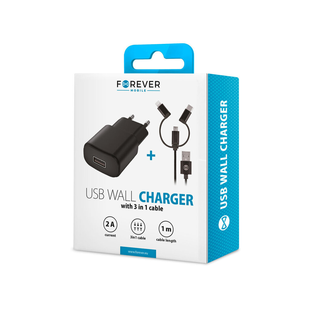 Laadija autosse Forever TC-01 charger 1x USB 2A black + 3in1 nylon cable (microUSB + Lightning + USB-C) цена и информация | Laadijad mobiiltelefonidele | hansapost.ee