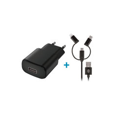 Laadija autosse Forever TC-01 charger 1x USB 2A black + 3in1 nylon cable (microUSB + Lightning + USB-C) hind ja info | Laadijad mobiiltelefonidele | hansapost.ee