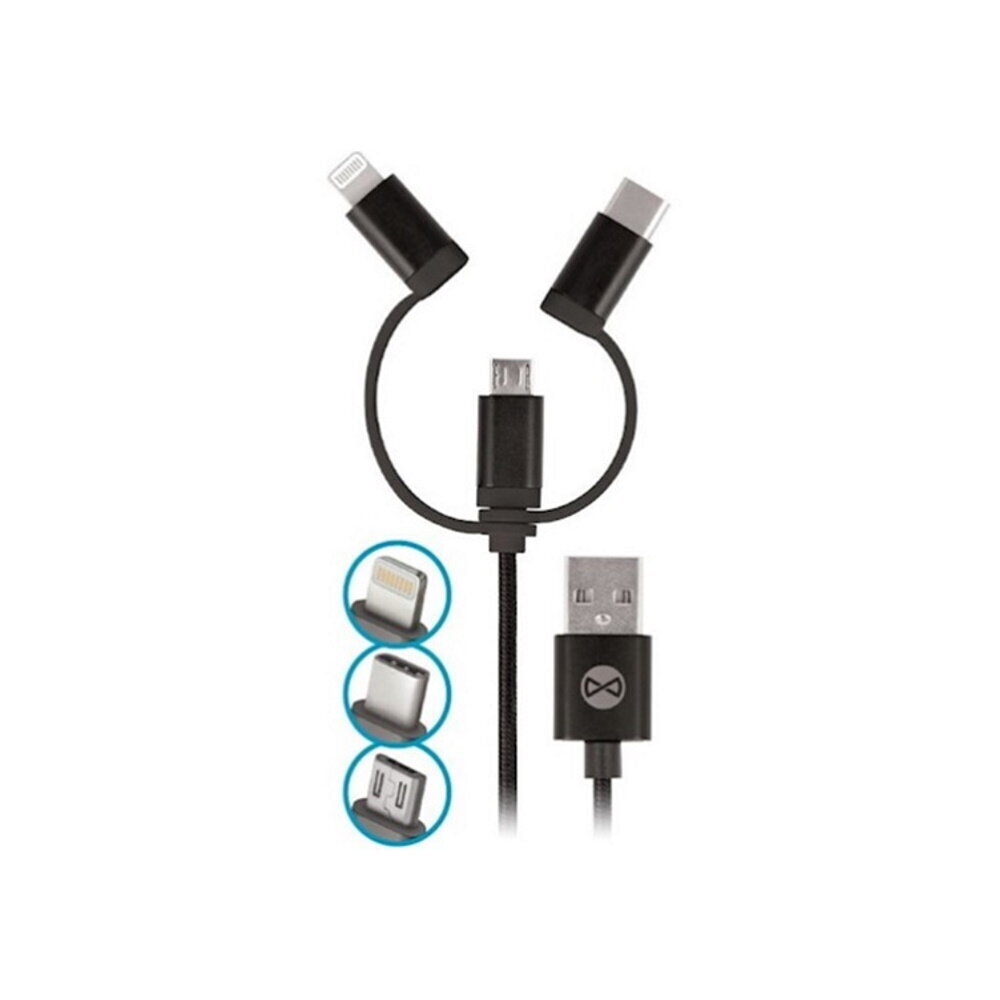 Laadija autosse Forever TC-01 charger 1x USB 2A black + 3in1 nylon cable (microUSB + Lightning + USB-C) цена и информация | Laadijad mobiiltelefonidele | hansapost.ee