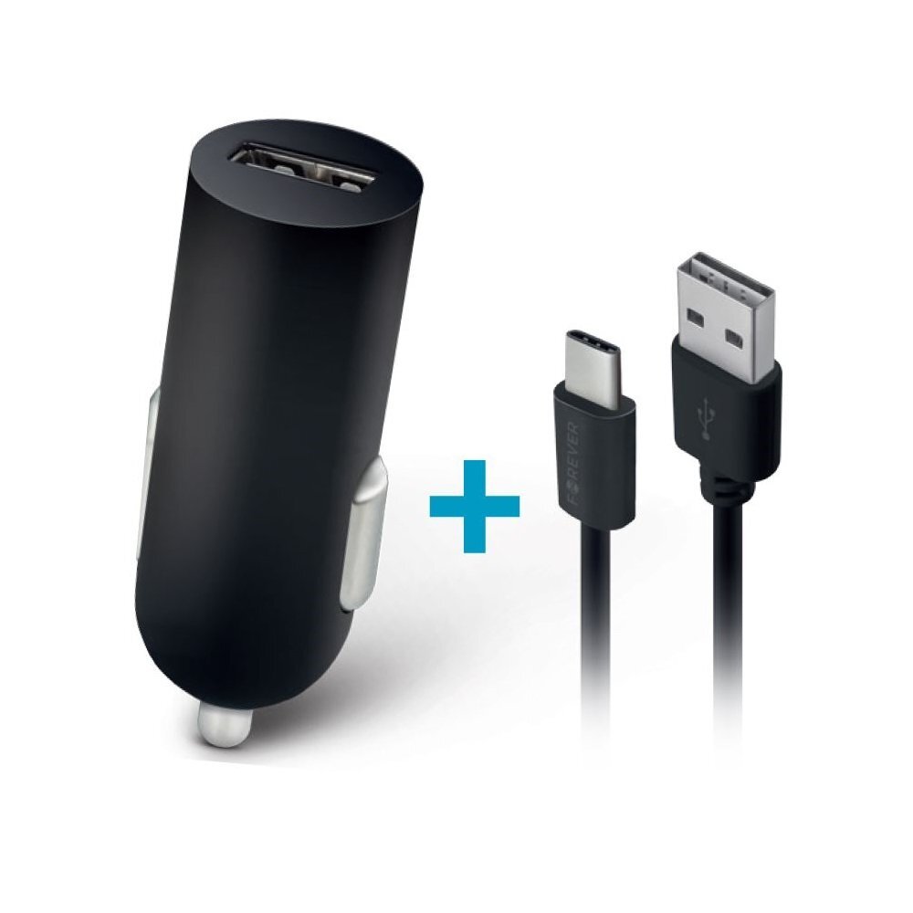 Forever M02 car charger 1x USB 1A black + USB-C cable цена и информация | Laadijad mobiiltelefonidele | hansapost.ee