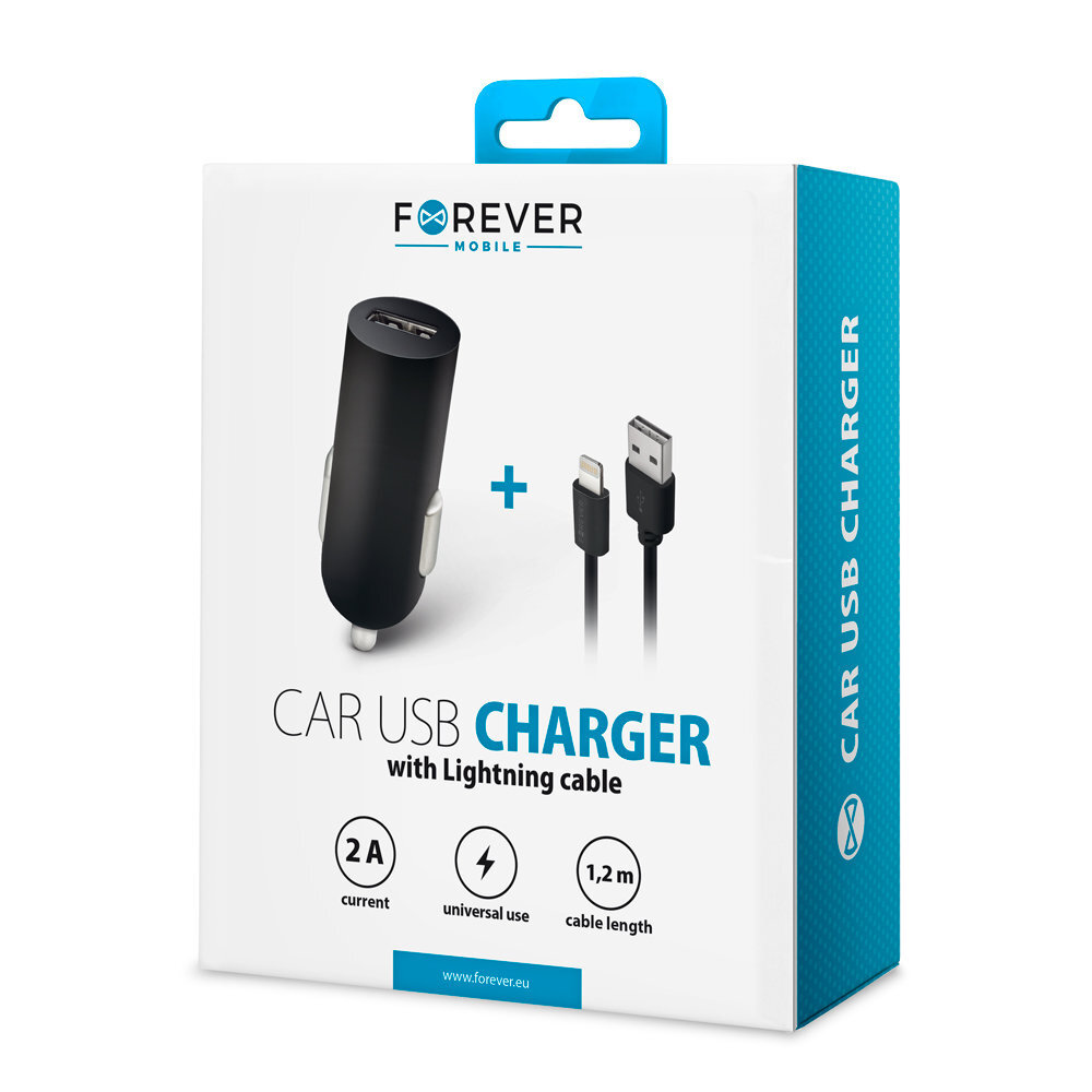 Forever M02 car charger 1x USB 2A black + Lightning cable hind ja info | Laadijad mobiiltelefonidele | hansapost.ee