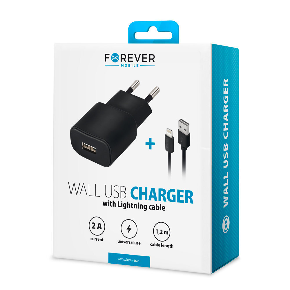 Forever TC-01 charger 1x USB 2A black + Lightning cable цена и информация | Laadijad mobiiltelefonidele | hansapost.ee