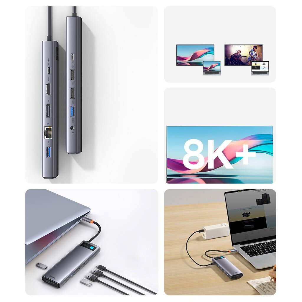 Baseus Metal Gleam multi-functional HUB USB Type C 12in1 HDMI / DP / USB Type C / minijack 3.5mm / RJ45 / SD (WKWG020213) цена и информация | USB adapterid ja jagajad | hansapost.ee