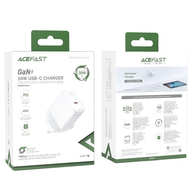 Acefast GaN wall charger (UK plug) USB Type C 30W, Power Delivery, PPS, Q3 3.0, AFC, FCP white (A24 UK white) (White) hind ja info | Laadijad mobiiltelefonidele | hansapost.ee