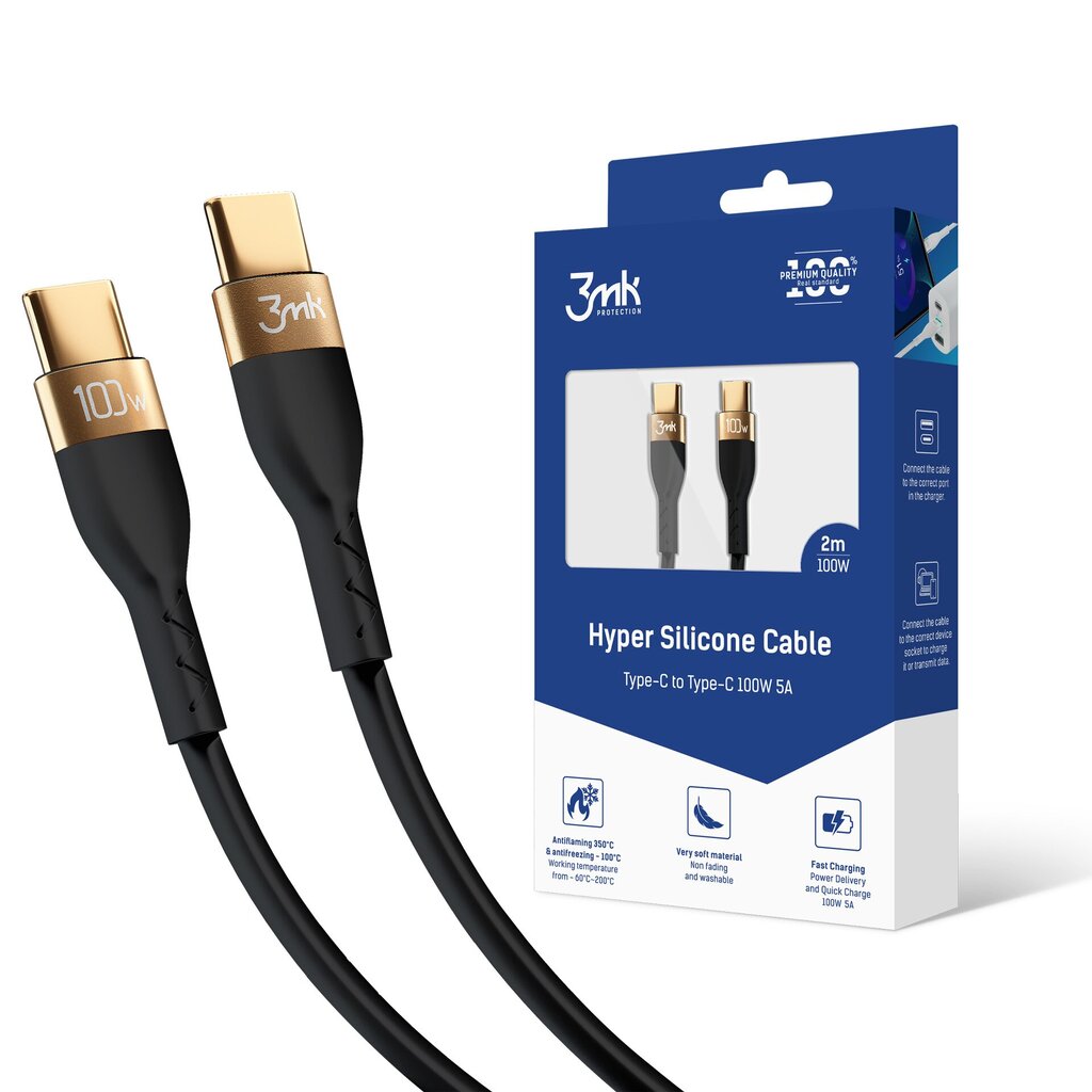 3mk Hyper USB-C kuni USB-C kaabel 5A | 100W 2m must hind ja info | Mobiiltelefonide kaablid | hansapost.ee