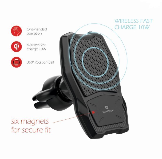 Swissten WM1-AV3 Air Vent Car Holder With Wireless Charging + Micro USB Cable 1.2m Black цена и информация | Telefonihoidjad | hansapost.ee