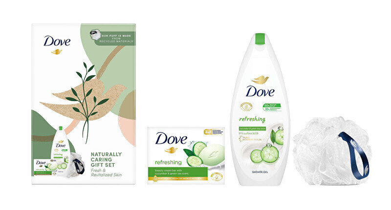 Kosmeetiline kinkekomplekt naistele Dove Body care gift set: dušigeel koos kurgi ja rohelise tee lõhnaga Refreshing 250 ml + värskendav tahke kreem-seep koos kurgi ja rohelise tee lõhnaga 100 g + švamm hind ja info | Seebid | hansapost.ee