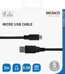 Deltaco, USB 2.0 Micro B, 2.4A, 3м, черный / USB-303S-K / 00140010 цена и информация | Кабели для телефонов | hansapost.ee