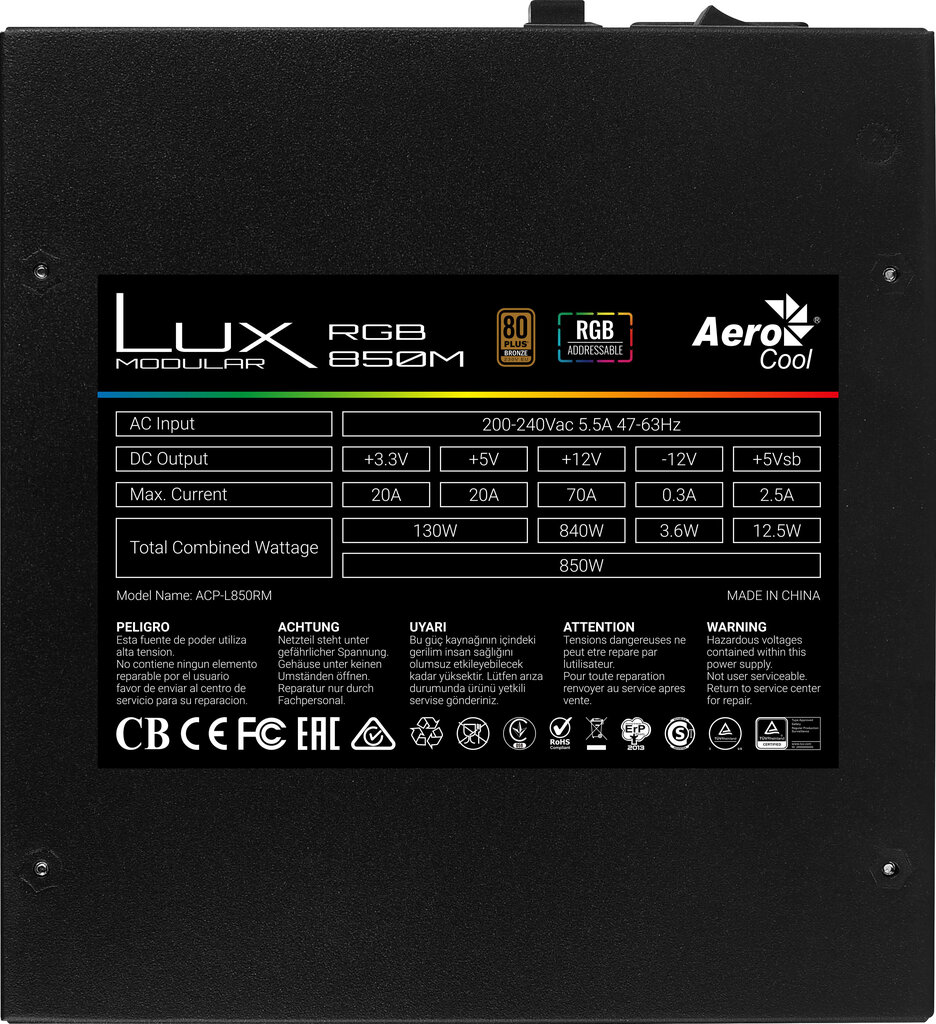 Aerocool Lux RGB 850M 80PLUS hind ja info | Toiteplokid | hansapost.ee