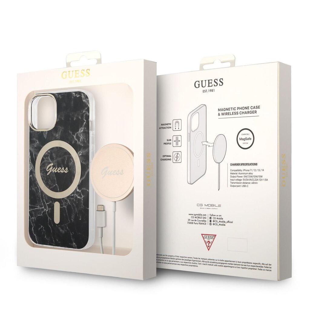 Guess Marble MagSafe Compatible Case + Wireless Charger for iPhone 14 Black цена и информация | Telefonide kaitsekaaned ja -ümbrised | hansapost.ee