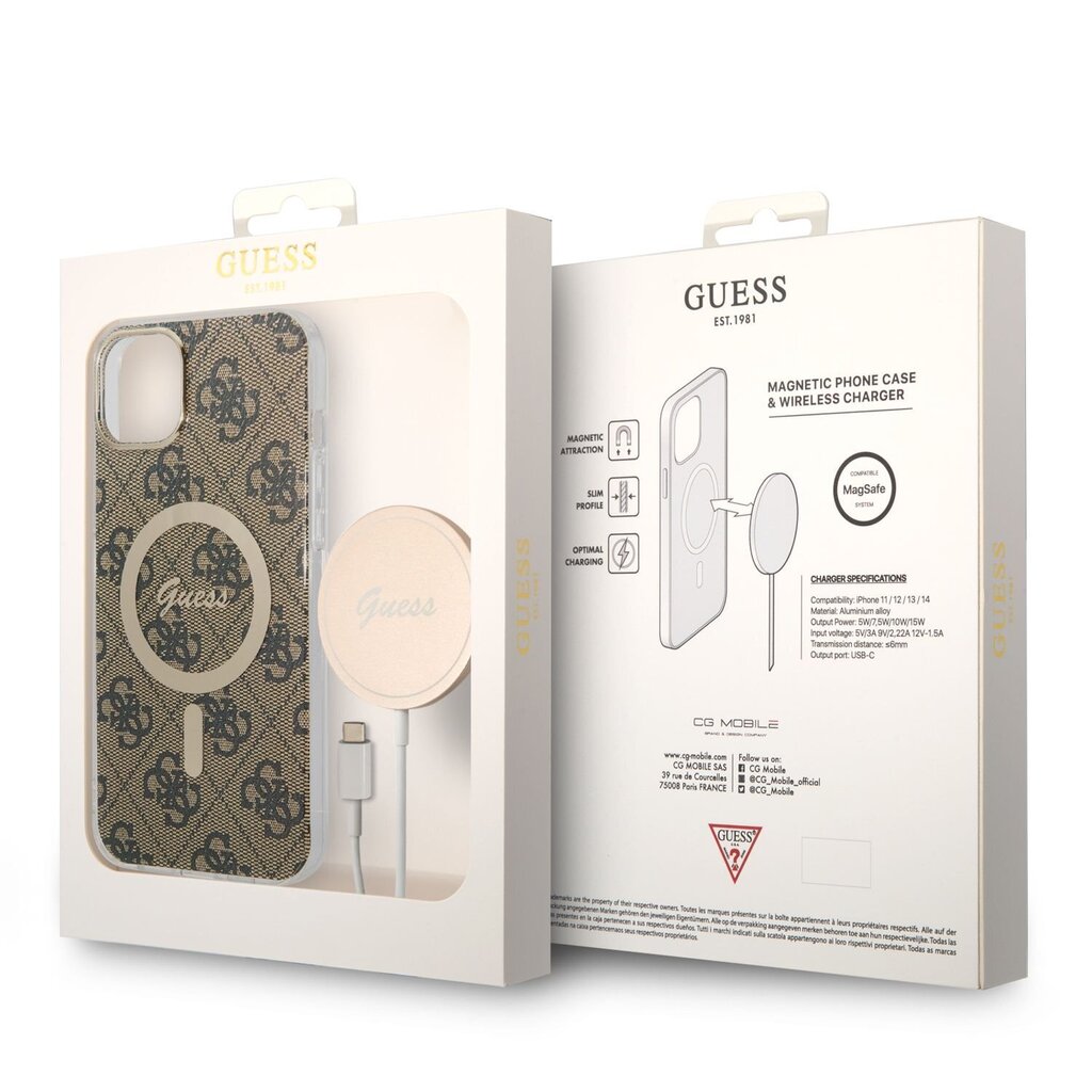 Guess 4G MagSafe Compatible Case + Wireless Charger for iPhone 14 Plus Brown цена и информация | Telefonide kaitsekaaned ja -ümbrised | hansapost.ee