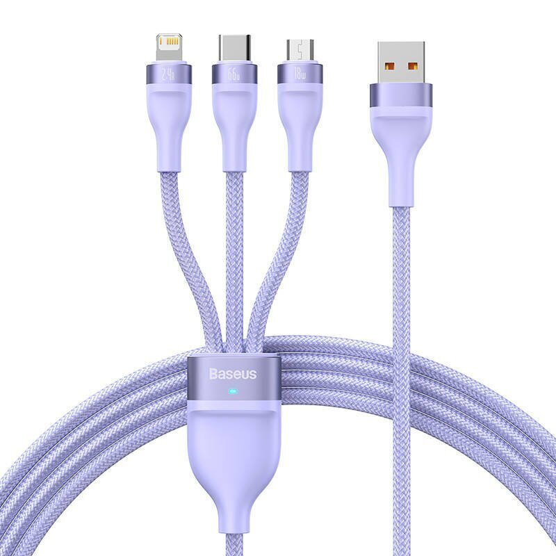 3in1 USB cable Baseus Flash II Series, USB-C + micro USB + Lightning, 66W, 1.2m (Purple) цена и информация | Mobiiltelefonide kaablid | hansapost.ee