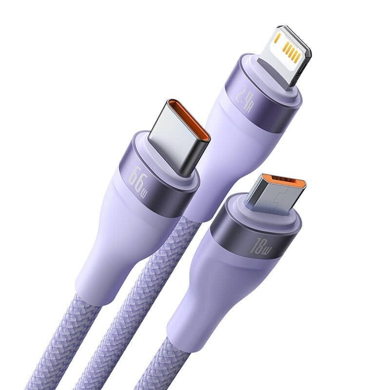 3in1 USB cable Baseus Flash II Series, USB-C + micro USB + Lightning, 66W, 1.2m (Purple) цена и информация | Mobiiltelefonide kaablid | hansapost.ee