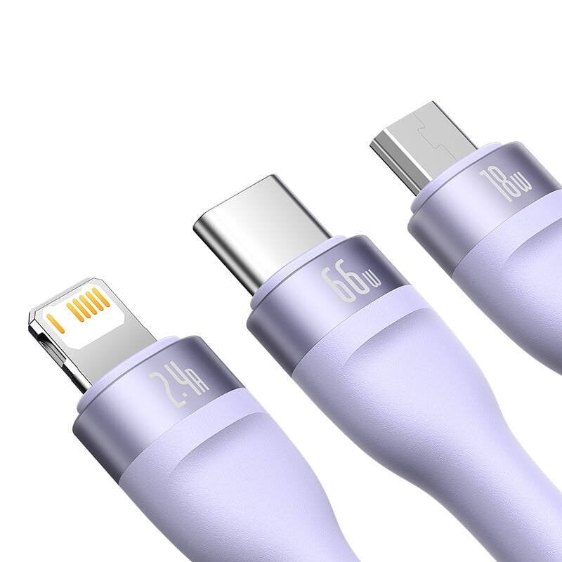 3in1 USB cable Baseus Flash II Series, USB-C + micro USB + Lightning, 66W, 1.2m (Purple) цена и информация | Mobiiltelefonide kaablid | hansapost.ee