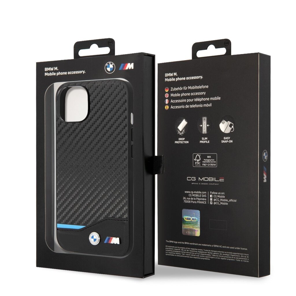 BMW M PU Carbon Blue Line Case for iPhone 14 Black цена и информация | Telefonide kaitsekaaned ja -ümbrised | hansapost.ee