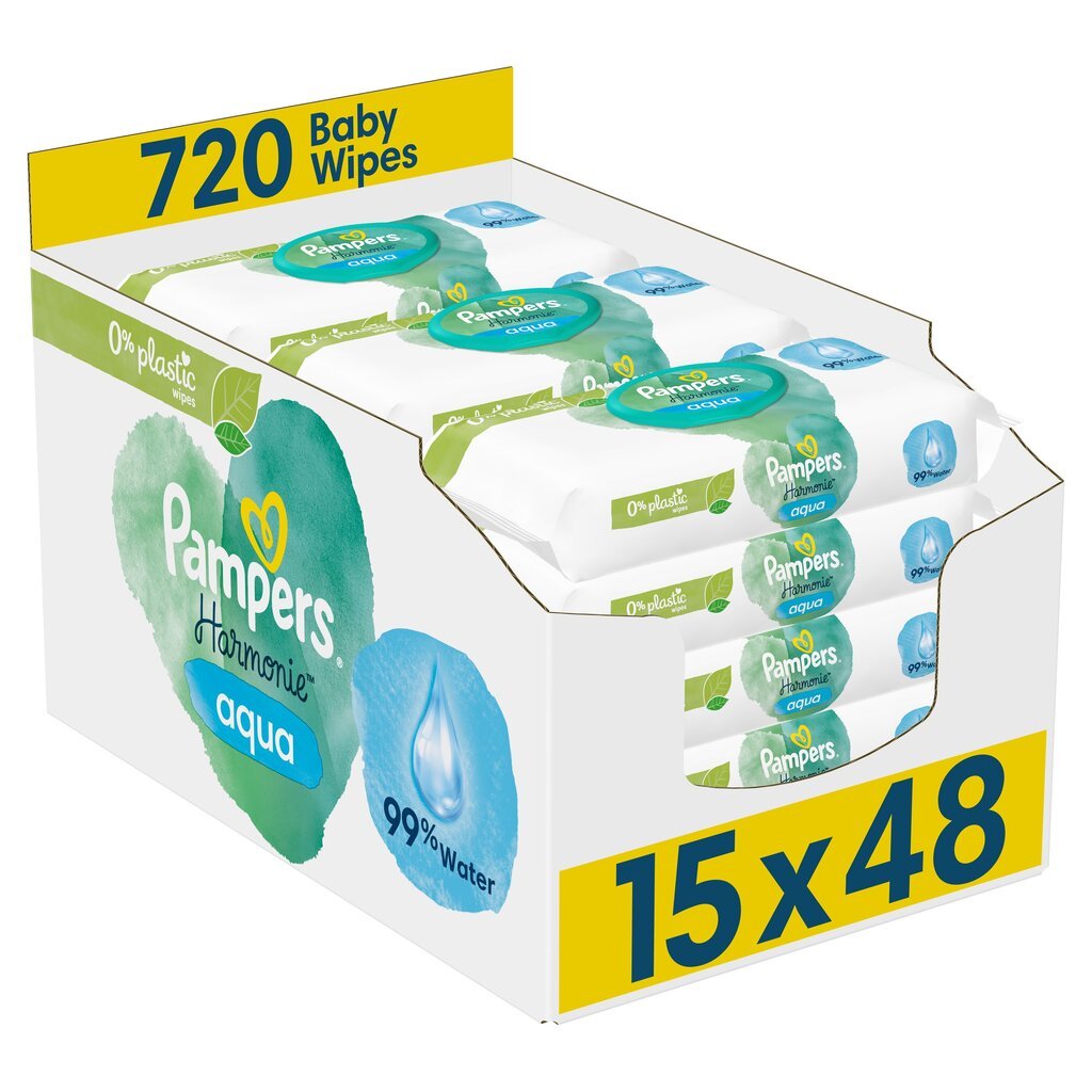 Niisked Beebisalvrätid Pampers Wipes Aqua Harmonie 720 tk, Plastic Free hind ja info | Niisked salvrätikud lastele | hansapost.ee