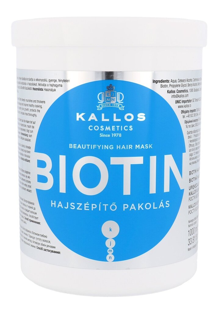 Taastav juuksemask Kallos Biotin 1000 ml цена и информация | Juuksemaskid, õlid ja seerumid | hansapost.ee