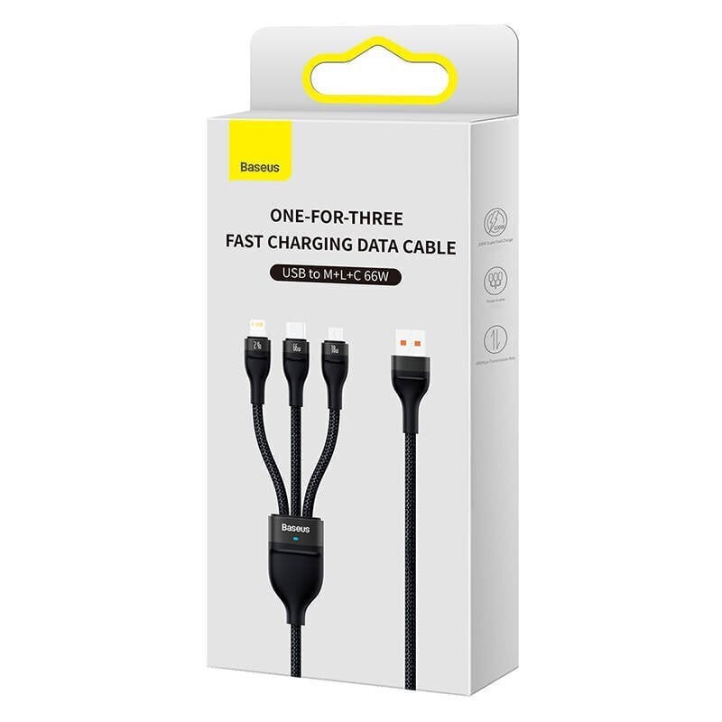 3in1 USB cable Baseus Flash II Series, USB-C + micro USB + Lightning, 66W, 1.2m (Black) цена и информация | Mobiiltelefonide kaablid | hansapost.ee