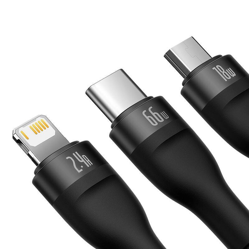 3in1 USB cable Baseus Flash II Series, USB-C + micro USB + Lightning, 66W, 1.2m (Black) hind ja info | Mobiiltelefonide kaablid | hansapost.ee