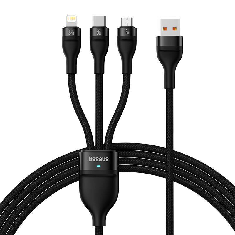 3in1 USB cable Baseus Flash II Series, USB-C + micro USB + Lightning, 66W, 1.2m (Black) цена и информация | Mobiiltelefonide kaablid | hansapost.ee