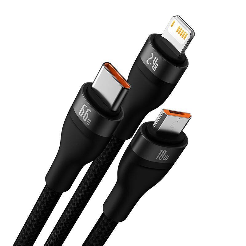 3in1 USB cable Baseus Flash II Series, USB-C + micro USB + Lightning, 66W, 1.2m (Black) цена и информация | Mobiiltelefonide kaablid | hansapost.ee